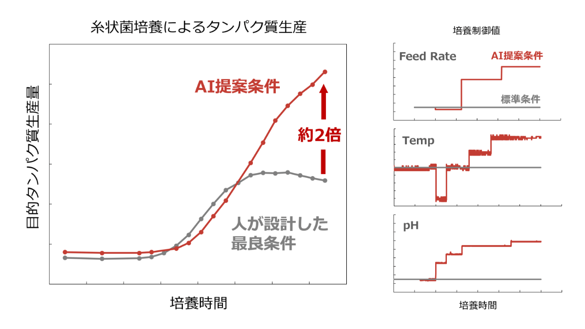 AIによる動的制御のイメージ図 AIが刻々と変化する培養環境をリアルタイムにモニタリングし、最適な制御値を自動でフィットさせるイメージ図